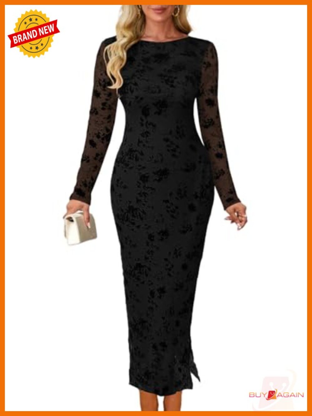MITILLY Long Sleeve Bodycon Midi Dress Sheer Mesh Flocking Formal